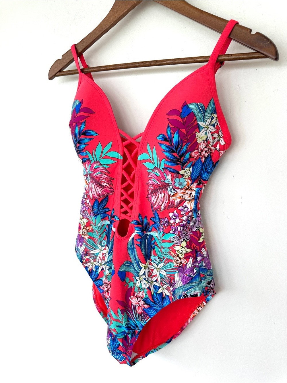 Kenneth Cole Pink & Blue Floral One-Piece Swimsuit with Lattice Front - Picture 3 of 12